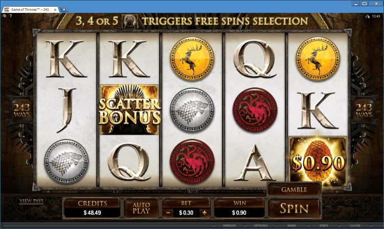 Game of Thrones 243 Ways bonus slot at the online casino application BlackJack Ballroom