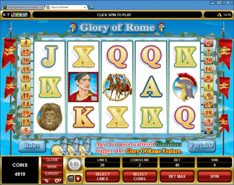 Glory of Rome bonus slot BlackJack Ballroom online casino application