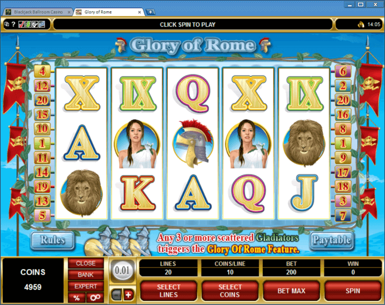 Glory of Rome bonus slot BlackJack Ballroom online casino application