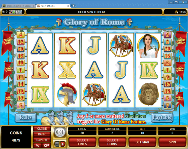 Glory of Rome bonus slot BlackJack Ballroom online casino application