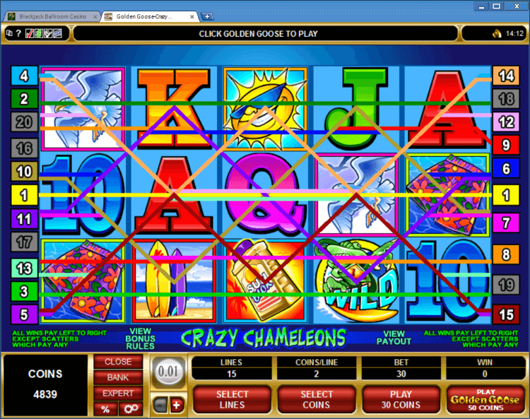 Golden Goose Crazy Chameleons slot in online casino application BlackJack Ballroom