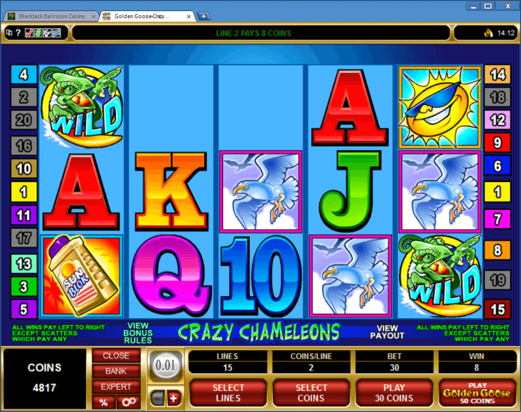 Golden Goose Crazy Chameleons slot in online casino application BlackJack Ballroom