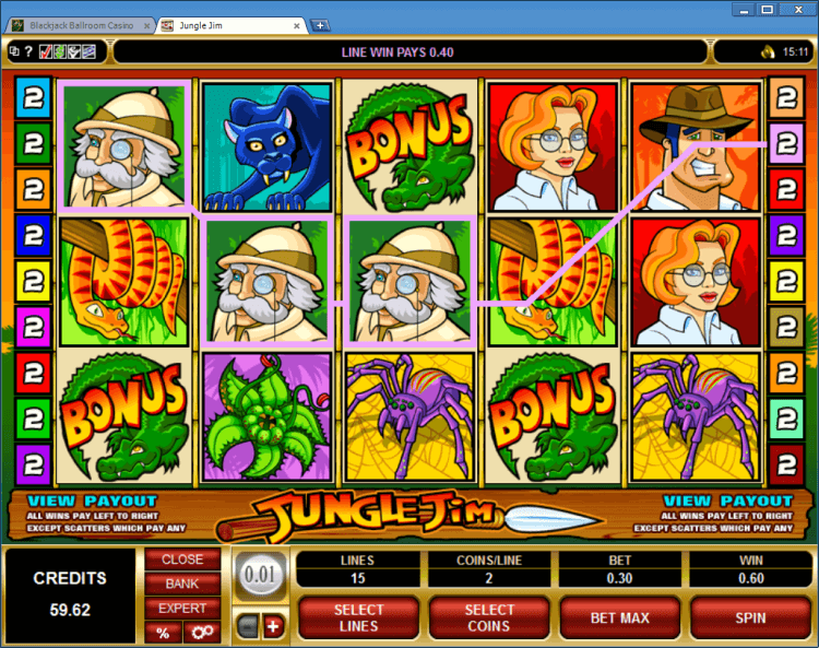 Jungle Jim bonus slot BlackJack Ballroom online casino application