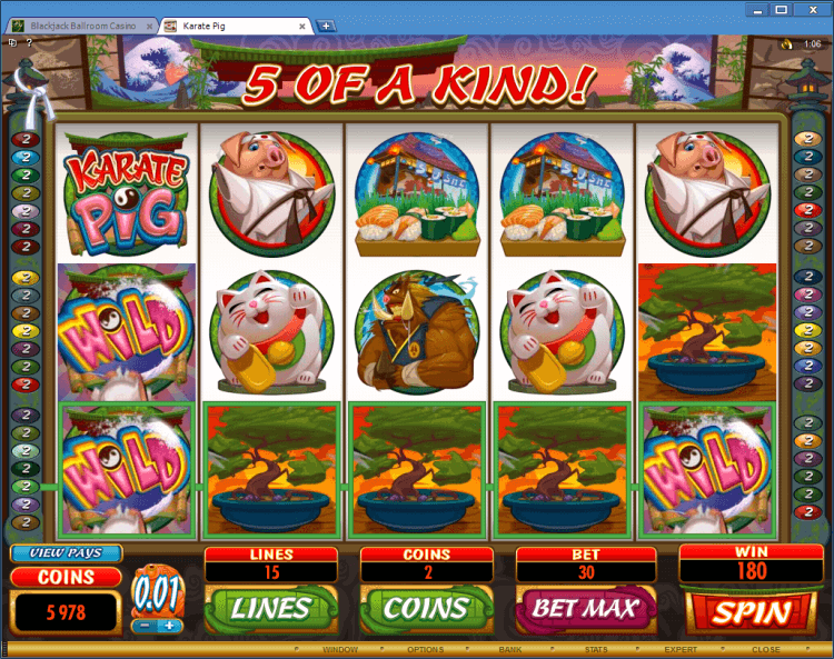 Karate Pig bonus slot casino online gambling BlackJack Ballroom win